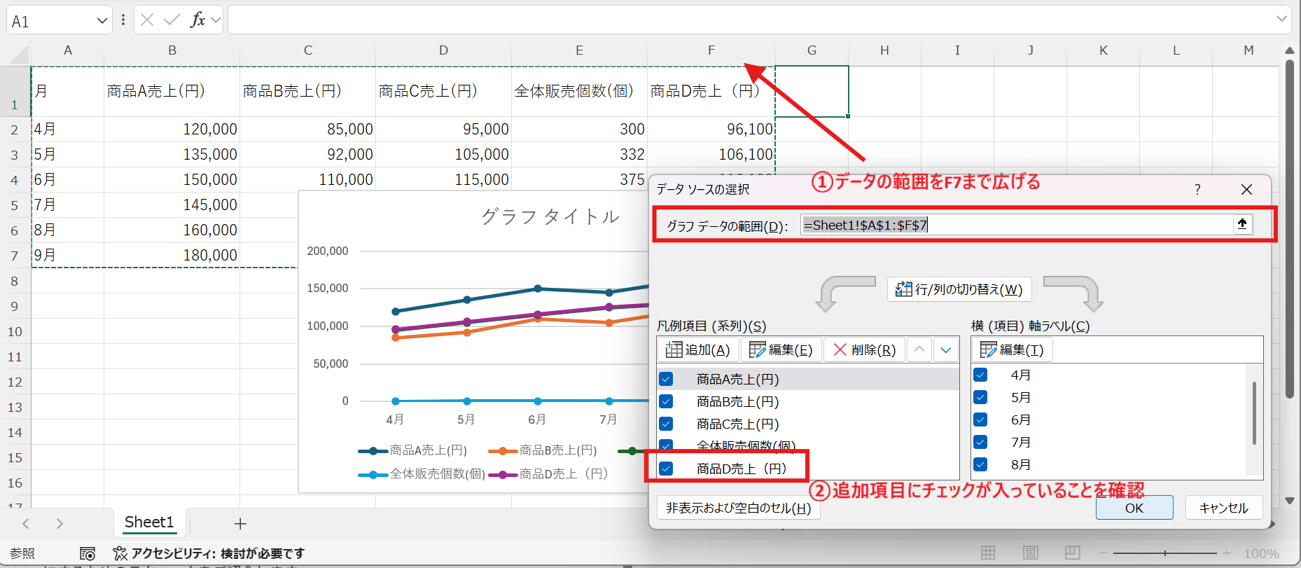 データの範囲を修正し新たな項目にチェックを入れる